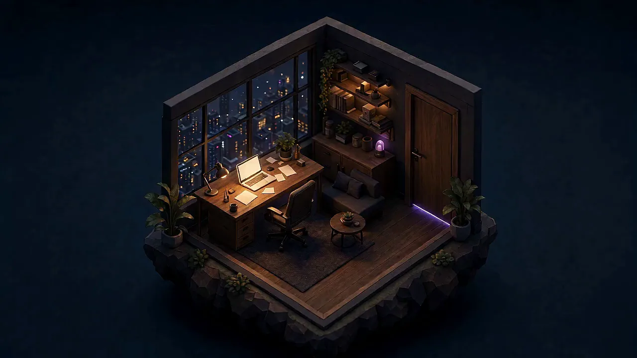 A dark walnut studio at night: one desk, one laptop, and a closed door with a violet seam glowing beneath it.